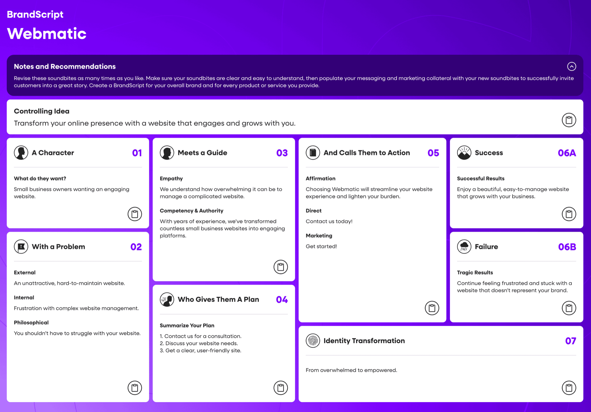 Een stroomdiagram van BrandScript, getiteld "Webmatic," integreert StoryBrand.ai principes met secties over het beheersen van ideeën, het aanpakken van problemen, oplossingen, empathie, autoriteit, succesresultaten, transformationele identiteit ("transformeren"), en het vermijden van falen. Het heeft een paars en wit kleurenschema met tekst en iconen.