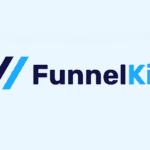 Logo voor FunnelKit 3.0, met een gestileerd ontwerp met een donkerblauw en lichtblauw kleurenschema. Het woord 