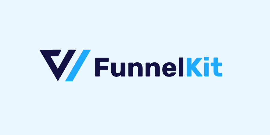 Logo voor FunnelKit 3.0, met een gestileerd ontwerp met een donkerblauw en lichtblauw kleurenschema. Het woord 