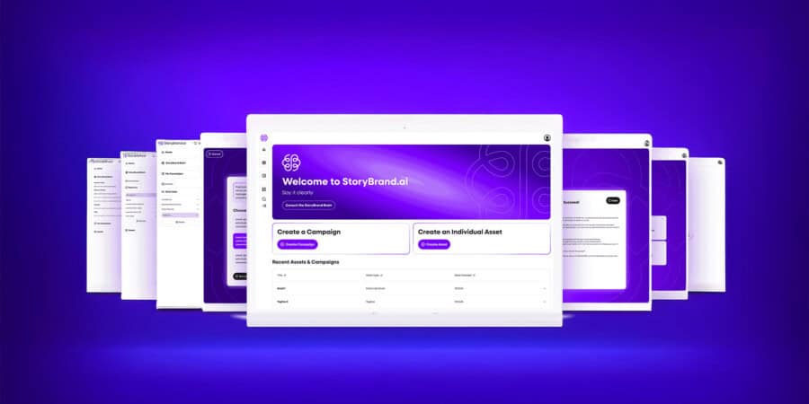 Een verzameling digitale schermen die de StoryBrand.ai-interface tonen tegen een levendige paarse achtergrond. Het hoofdscherm, perfect voor storytelling en zakelijke communicatie, biedt opties voor het maken van een campagne en individuele assets, met een warm welkomstbericht bovenaan.